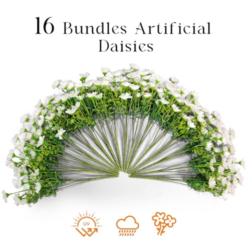 16 Bundles Silk Daisy Artificial Flowers for Outdoors UV Resistant Fake Daisies Plastic Plants Flower for Home Outside Front Door Porch Garden Patio Planters Decoration (White) - color: White
