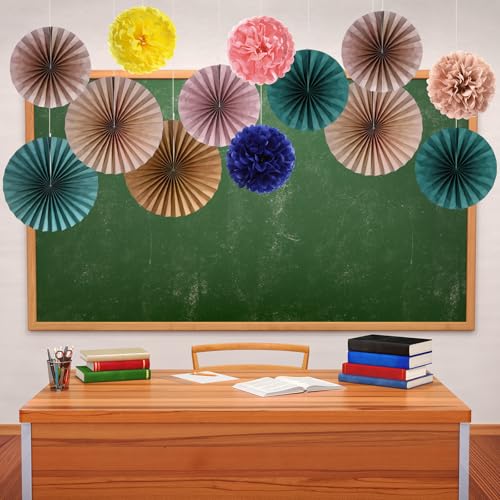 Kosiz 18 Pcs Boho Classroom Hanging Decoration Boho Paper Fans Soft Colored Pom Poms Country School Hanging Fans Tissue Paper Flower for Room Classroom Birthday Party Supplies Decoration - color: Pure Color