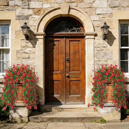 4 Pcs Artificial Hanging Flowers for Outdoor, Fake Silk Daisy Flowers Spring Summer Decoration UV Resistant Faux Plants for Planter Front Door Porch Patio Balcony Yard Decor, Red - color: Red