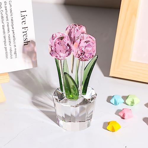 Qianwei Crystal Tulips Flowers Figurine Pink with Vase - Glass Flower Bouquet Collectible Figurines Crystal Office Home Decor Paperweight - Tulip Gifts for Women Mom Bestfriend Wedding Anniversary - color: Pink Tulip