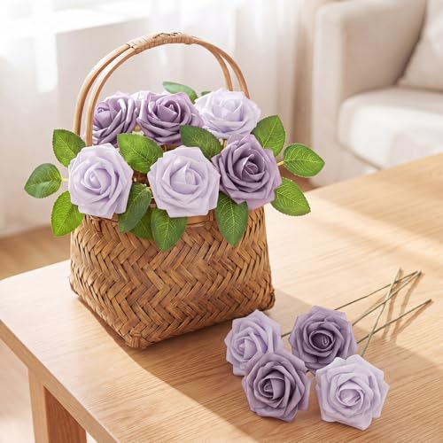 50 Pcs Artificial Foam Rose Flower Faux Bouquet Wedding Fake Rose Gift for Mother's Day Women DIY Bridal Shower Party Table Birthday Home Spring Decor (Soft Purple) - color: Soft Purple