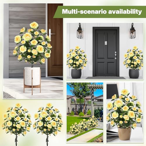 Lunmon 2 Pack 3ft Artificial Camellia Plants Tree 36" Faux Camellia Flower with Spike UV Resistant Realistic Fake Floral Blooming Bush for Indoor Outdoor Front Door Porch Backyard Garden, Yellow - color: Yellow, size: 3 ft