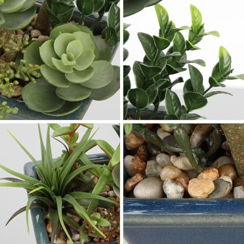 Small Faux Plant Assorted Fake Succulents Plants with Glazed Ceramic Pot Faux Succulents Arrangement Cement Potted Desk Plants Small Fake Plants for Home Table Office Bathroom Shelf Living Room Decor - color: Blue