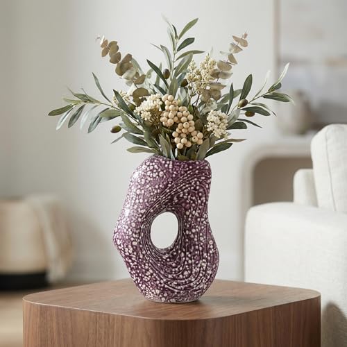 Sunddo Ceramic Vase for Home Decor, 11 Inch Donut Decorative Vase for Living Room, Modern Art Flower Vase, Entryway, Fireplace, Centerpiece Table, Console Decor - color: Purple, size: 11 inch