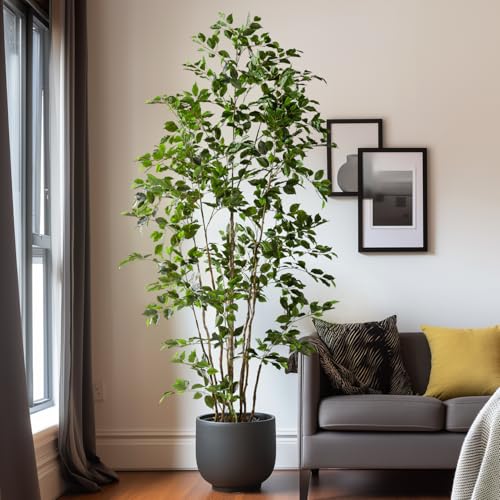 Bailikang Artificial Ficus Tree Indoor 8ft, Large Potted Faux Tree with Realistic Silk Leaves & Trunk for Home Office, Living Room Corner Decor - color: Green, size: 8ft