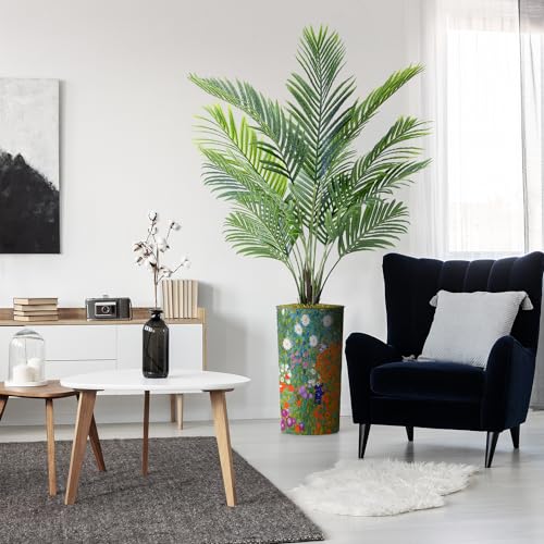 Artificial Tree in Colorful Flower Pattern Planter, Fake Areca Tropical Palm Silk Tree for Indoor and Outdoor Home Decoration - 66" Overall Tall (Plant Pot Plus Tree) - style: Areca Palm Tree