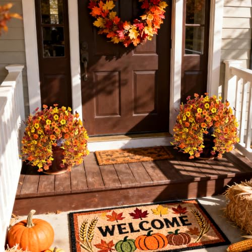Homsunny Artificial Faux Mums Fall Flowers for Outdoor Outside Decoration | 2 pcs fake fall silk flowers for outside,16 branches tips per bunch，realistic UV-resistant for home Porch balcony patio - color: Orange Yellow Brown