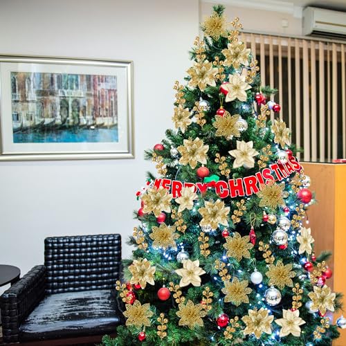 Sggvecsy 30 Pcs 3 Styles Christmas Glitter Poinsettia Flowers Artificial Berry Picks Christmas Tree Ornaments Artificial Christmas Flowers with Clips for Xmas Wedding Wreath Floral Decorations(Gold) - color: Gold