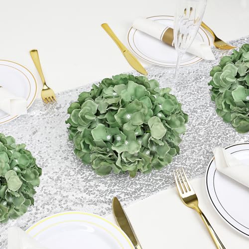 Hydrangea Flower Balls for Centerpieces - 12 PCS Artificial Floral Arrangement with Base, 8 Inch Diameter Fake Silk Kissing Ball for Wedding Table Home Party Decor - Sage Green - color: Sage Green-8 Inch-12 Pcs, size: Small Size
