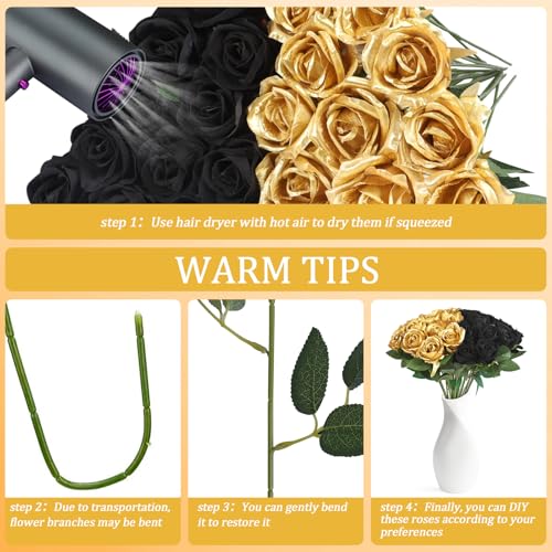 30pcs Fake Roses Artificial Silk Flowers Long Stems Bouquet for Wedding Bridal Shower Party Home Decoration (Black + Gold) - color: Black + Gold