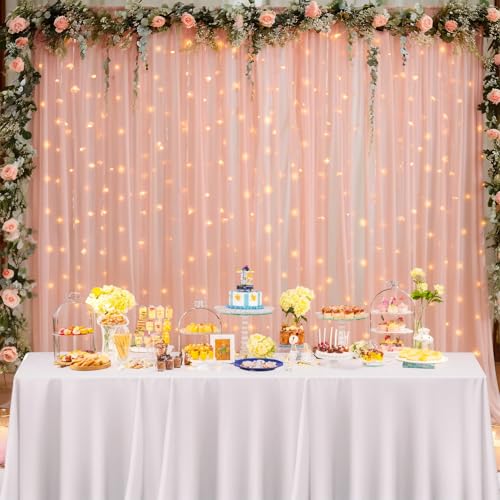 10ft x 8ft Peach Backdrop Curtain with Lights String for Parties, Sheer Tulle Wedding Photo Backdrops Drapes for Baby Shower Birthday Party Decorations Background for Photography - color: Peach, size: W5' x H8'(2 panels)