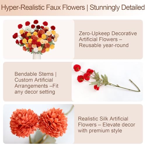 PARTY TONIGHT 12 Pcs Artificial Fall Flowers, Burnt Orange Faux Kiku Chrysanthemum, Assorted Silk Mums Balls, Autumn Fake Floral Stems for Vase Home Table Decor Arrangement（6 Mix Colors ）