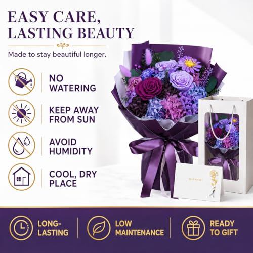 Preserved Purple Rose Bouquet, 100% Real Flowers for Women Mother Wife, Long-Lasting Eternal Roses with Gift Box, Forever Flowers for Anniversary Birthday Mother's Day, Lasts 3-5 Years - color: Deep Purple