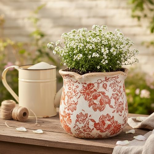 Country Farmhouse Planters for Spring Decor, 6.11 Inch Vintage Distressed Ceramic Plant Pot with Drainage for Indoor Plants, Terracotta Pots & Italian Tuscan Decor, Gardening Gifts (Red Flower) - color: Red Flower