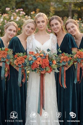 TINGE TIME 7 Inch Wedding Bouquets for Bridesmaid, Set of 4, Artificial Flowers Cascading Bridal Bouquet for Fall Wedding Ceremony Bridal Shower Rustic Vintage Wedding (BurntOrange&DarkTeal) - color: Burnt Orange & Dark Teal