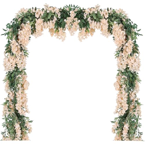 Duovlo 4Pcs 6.6Ft/Piece Imitation Silk Wisteria Garland Hanging Flower Vine for Home Outdoor Garden Ceremony Wedding Arch Floral Decor (Champagne) - color: Champagne