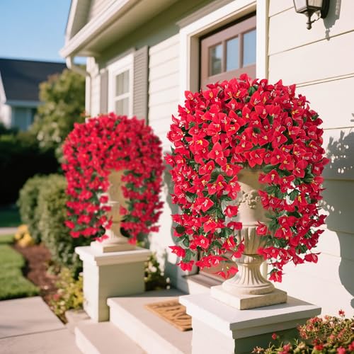 Artificial Bougainvillea Flowers Plants for Outdoors Decoration, 2 Pcs Faux Silk Flowers Long Trailing Fake Vines for Front Door Porch Planter Balcony Patio Summer Spring Home Decor, Red - color: Red
