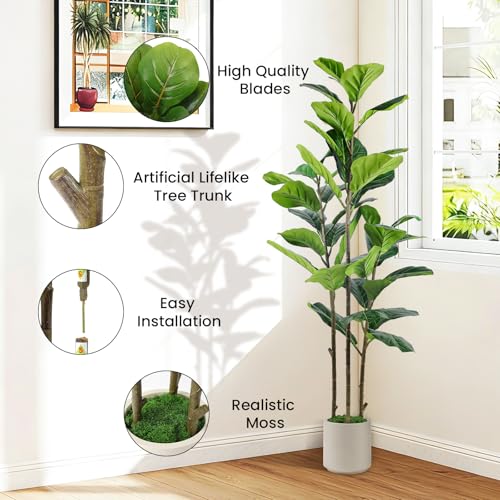 Alupssuc 5FT Artificial Fiddle Leaf Fig Tree with White Planter Pot, 5 feet Tall Fake Tree for Home Decor, Faux Ficus Tree Fake Moss for Indoor Outdoor Office Living Room - size: 5ft