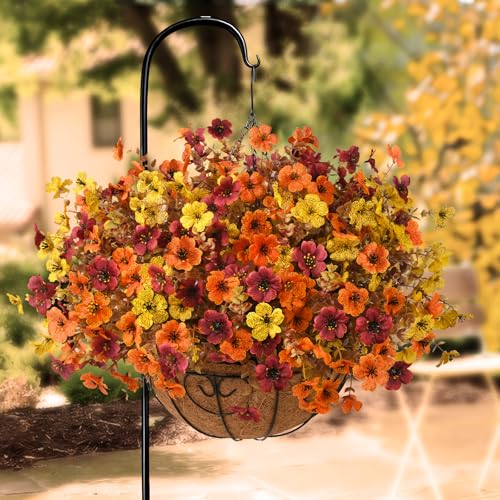INQCMY Artificial Fake Fall Plants Flowers for Outdoor Outside Decoration,12 Bundles Faux Silk Colorful Daisy UV Resistant Look Real No Fade for Front Door Porch Patio Yard Balcony Autumn Decor - color: Orange Yellow Brown, size: 12 PCS