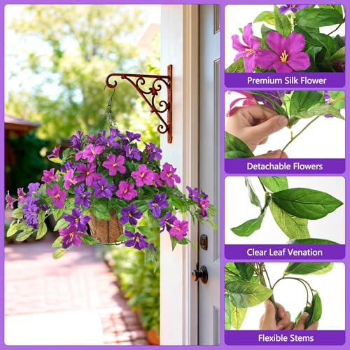 Homsunny Artficial Fake Hanging Flowers Plants with Baskets, 3PCS Silk Faux Outdoor Flowers UV Resistant Real Touch Plastic Flowers for Spring Garden and Home Patio Yard Decor (Light Purple Red) - color: Double Orchid With Basket