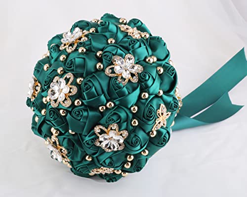 One Big Size(8.26") Gold Diamond Bridal Wedding Bouquet Bridesmaid Toss Bouquet Foam Rose Bouquet with Ribbon W666-21 Emerald Green - color: Emerald Green