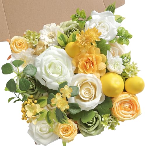 YYHUAWU Artificial Flowers Combo Fake Silk Flowers for DIY Wedding Bridal Bouquets Lemon Yellow Fake Foams Rose Flowers Set Centerpieces Arrangements Party Baby Showers Home Cake Decorations - color: Lemon Yellow