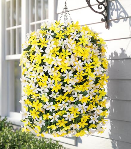 Hoppwodd Artificial Flower for Outdoors 4pcs Fake Lily Hanging Flower Baskets for Outside UV Resistant Silk Faux Long Trailing Vines for Garden Porch Patio, White & Yellow - color: White & Yellow