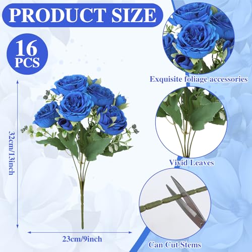 16 Pack Royal Blue Peonies Artificial Flowers,Fake Silk Hydrangea Bouquet for Bridal Wedding Home Table Decor Reusable Dining Opening Ceremony Birthday Arrangement Faux Floral - color: Royal Blue