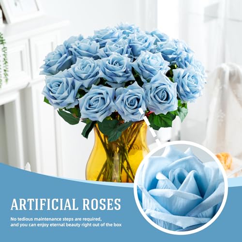 Ttranewsoo Fake Roses Faux Flowers Silk Roses 24PCS Artificial Roses with Stems Realistic Artificial Flowers Suitable for Indoor Home Decoration DIY Bouquet Wedding Decor Party Decoration Blue,16.5In - color: Blue 24pcs