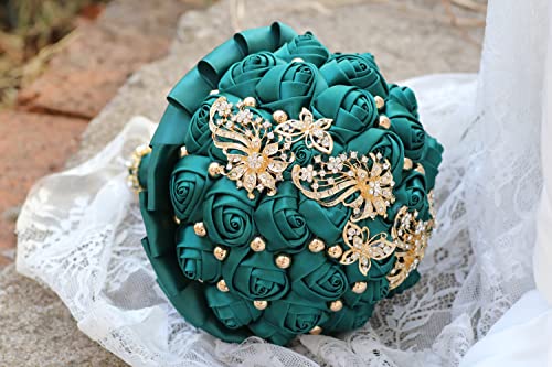 WIFELAI-A Golden Rhinestone Brooch Wedding Flowers Bridal Bouquets Crystal Bride Holding Bouquet White Ivory Satin Roses with Diamond - color: Emerald Green