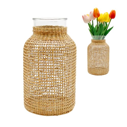 MDEOOSKY Straw Woven Glass Vase 10.23''X3.93''X5.51''Boho Glass Flower Vase Country Rustic Style Vase Glass Vase for Floral Arrangements Bottle Height (B Style 10.23IN) - size: 10.25IN