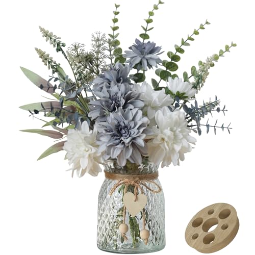 Leftover Fake Flowers with Vase,Silk Dahlia Flowers,Artificial Flowers in Vase,Centerpiece Table Decorations,Flower Centerpieces for Tables,Kitchen Table Decor,Coffee Table Decor - color: Grey Blue