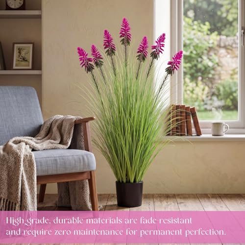 Jexine 2 Pieces 4 ft Artificial Tall Grass Plants Outdoor with Plum Cockscomb Flower Tall Artificial Grass Green Onions Plant Potted for Housewarming Gift House Garden Lobby Outdoor - color: Plum Cockscomb Flower