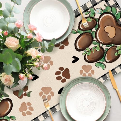 Cat Dog Paw Prints Table Runner, Buffalo Plaid Check Farmhouse Kitchen Dining Table Decoration Pet Lover Gifts, Eucalyptus Leaves Burlap Indoor Outdoor Home Decor Party Supply 13 x 36 Inches - color: Paw, size: Table Runner 13''X36''