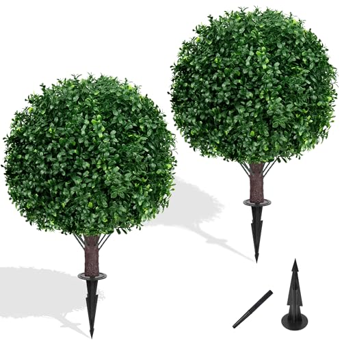 Yangrass Artificial Boxwood Topiary Ball Tree Set of 2, UV Resistant Artificial Outdoor Shrubs with Spike, Decorative Evergreen Fake Topiary Bushes Plant for Front Porch Garden - color: Boxwood