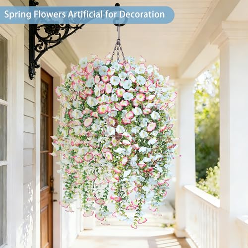 Artificial Hanging Flowers with Basket, 480 Blooms UV Resistant Faux Morning Glory Silk Plants, Fast & Easy Assembly Fake Hanging Baskets for Outdoor Porch Patio Garden Decor, Blue&White - color: Blue&white