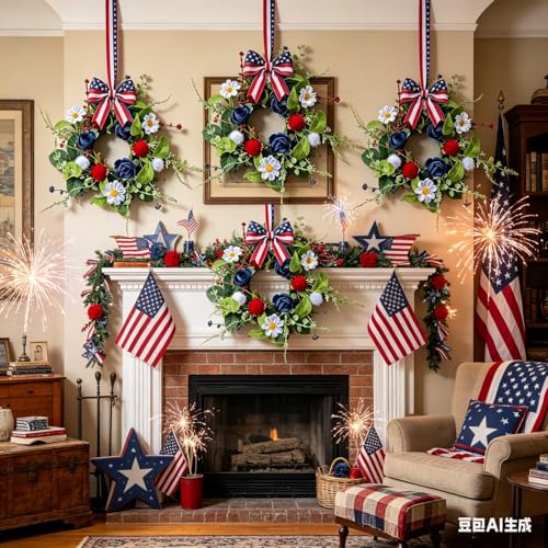 6 Pcs Mini 4th of July Hanging Wreaths for Cabinets with Navy Blue Rose and White Daisy Flowers Artificial Small Independence Day Candle Holder Wreath with Red Stripes for Front Door Window Porch Wall - color: Patriotic-2