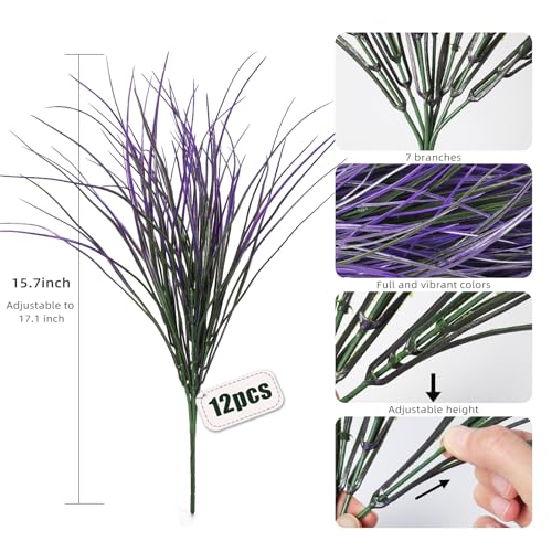 RECUTMS Fake Outdoor Plants, Fake Plants Artificial Grass Plants Fake Bushes Faux Shrubs Wheat Grass Purplish Red Artificial Plants Outdoor UV Resistant 12Pcs for Garden Porch Yard Home Decor(Purple) - color: Purple Grass