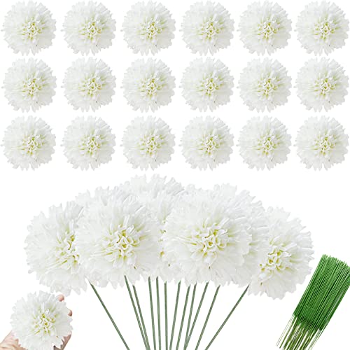 HinyoCo 30 Pcs Artificial Chrysanthemums Heads Ball Flowers，Silk Chrysanthemum Ball Bouquet White Bouquets Hydrangea for Home Office Coffee House Parties and Wedding（Milk White）