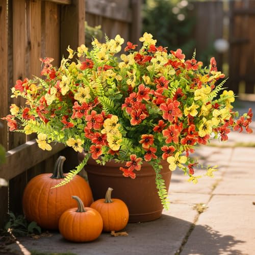 Artificial Fall Flowers for Outdoors UV Resistant,36pcs Faux Mums Flowers Realistic Fake Fall Flowers for Outside Planter Orange＆Yellow Artificial Autum Plants for Porch Window Hanging Wedding - color: Orange ＆yellow(green Leaves), size: 36 pcs