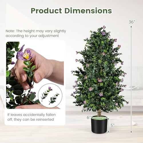 Goplus 2 Pack 36" Artificial Topiary Cone Tree, Faux Potted Shrub Plant w/49 Flowers, Cement-Filled Planter, Sun-Resistant Indoor Outdoor Evergreen Decoration for Home, Office, Front Porch (Purple) - color: Purple