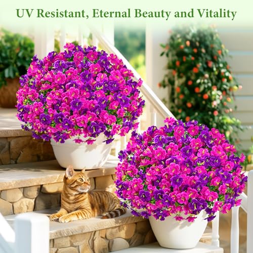 MARTINE MALL 24 Bundles Look Real Artificial Flowers for Outdoors, Realistic Fake Outdoor Flowers, UV Resistant Silk Flowers for Outside Faux Flowers Plants for Outdoor planters Porch, Purple&Fuchsia - color: Purple&fuchsia, size: 24 Bundles