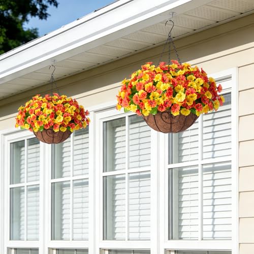 Ammyoo Artificial Hanging Flowers with Basket, Faux Silk Petunias Flower Arrangement, Coconut Lining with Morning Glories Fake Plants Patio Garden Porch Deck Fall Decor(Orange Yellow) - color: Orange and Yellow