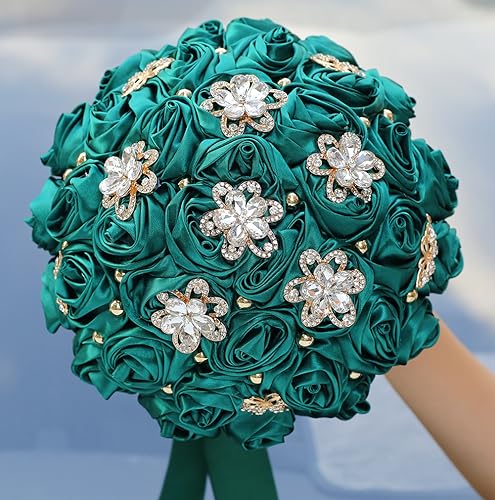 5.9" Mini Bridal Bouquet Handmade Satin Rose Round Wedding Bouquet Throw Toss Artificial Flower Bunch Dark Green - color: 809a Dark Green, size: 5.9"/15cm