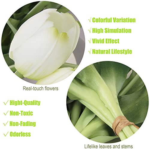 20pcs Artificial Tulip Flowers,16 Inch Real Touch Tulip Stems with Faux Leaves, Faux Tulips and Buds for Home Décor Centerpiece Ornament Wedding Bouquet,White - color: White