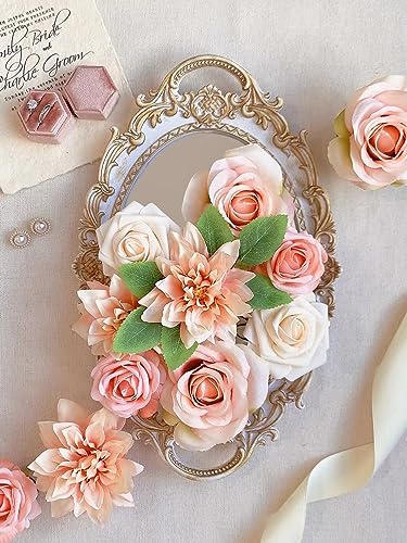 FACINOC Roses Artificial Flowers Peach Bouquet Box Set Fake Flower for DIY Bridal Wedding Shower Decorations Table Centerpieces Faux Silk Floral Arrangement for Party Home Decor Indoor Pink - color: P (Peach, Pink)