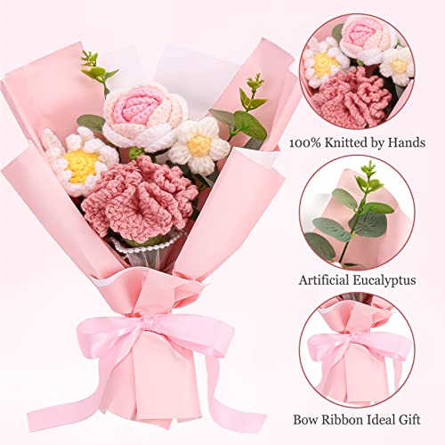 Omldggr Completed Crochet Flower Bouquet, Pink Handmade Knitted Bouquet, Crochet Carnation Mix Crochet Bouquets Flower for Mother's Day Graduation Birthday Wedding Valentine Day Gifts (with Card) - color: Pink-rose+carnation