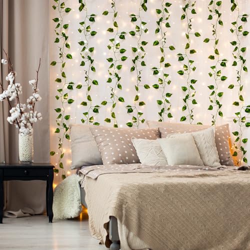 CEWOR 24 Pack 173ft Fake Ivy Vines, Artificial Ivy Garland with 200 LED String Lights, Hanging Plants Greenery Backdrop Green Leaves for Bedroom Room Wall Decor Wedding Party Table Decoration - size: F-24pcs of Vines with 200 LED lights