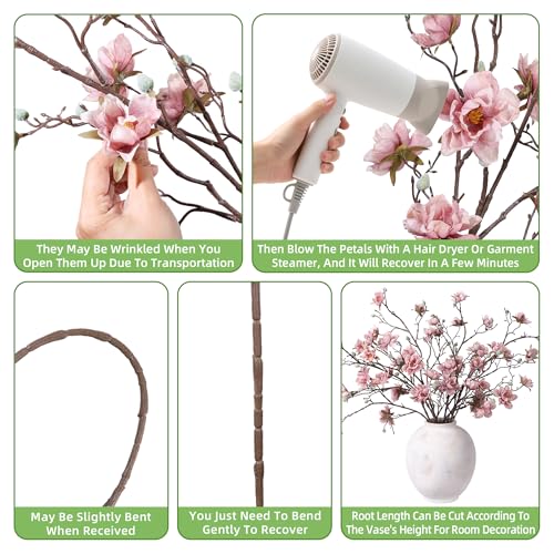 HyeFlora 3PCS Artificial Magnolia Flowers Stems for Spring Decoration, Faux Pink Magnolia Branches with Buds, 34.5" Long Stems Floral Arrangement for Vase Pot Table Centerpiece Indoor Decor - color: Pink