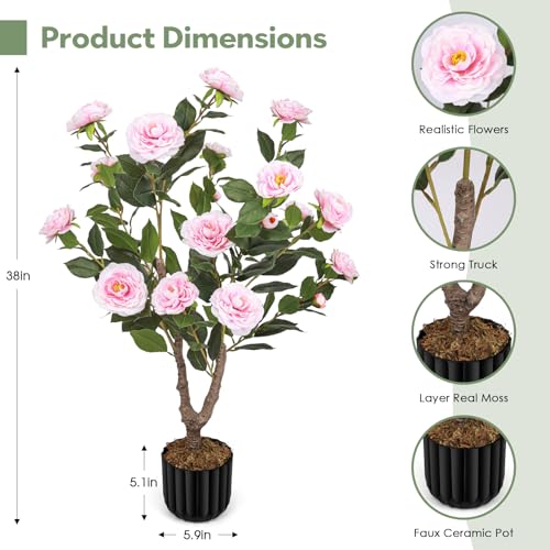 Artificial Camellia Tree for Indoor and Outdoor, Faux Flower Tree Plant in Pot Fake Topiaries for Home Front Porch Decor(1, Pink) - color: Pink